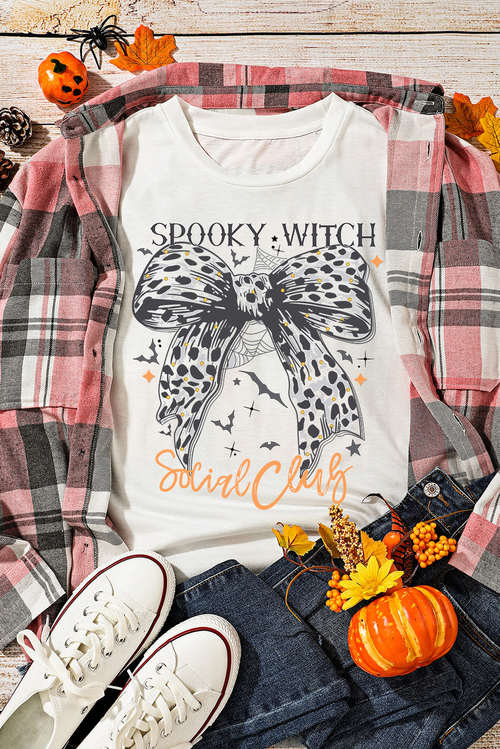 White SPOOKY WITCH Leopard Bowknot Bat Graphic Halloween T Shirt Graphic Tees JT's Designer Fashion