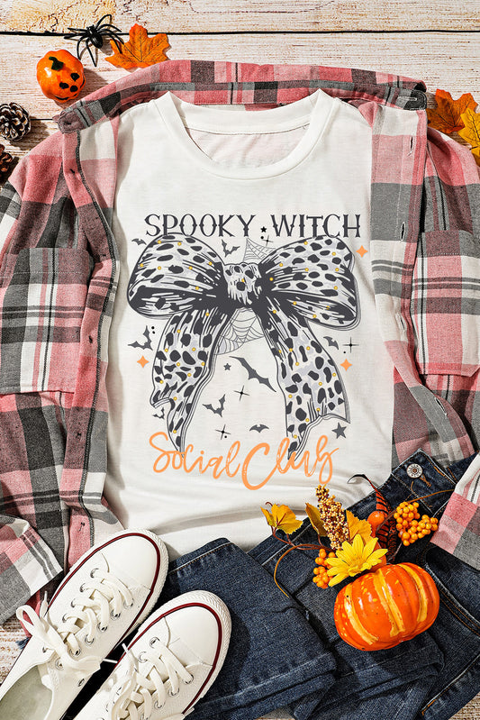 White SPOOKY WITCH Leopard Bowknot Bat Graphic Halloween T Shirt Graphic Tees JT's Designer Fashion