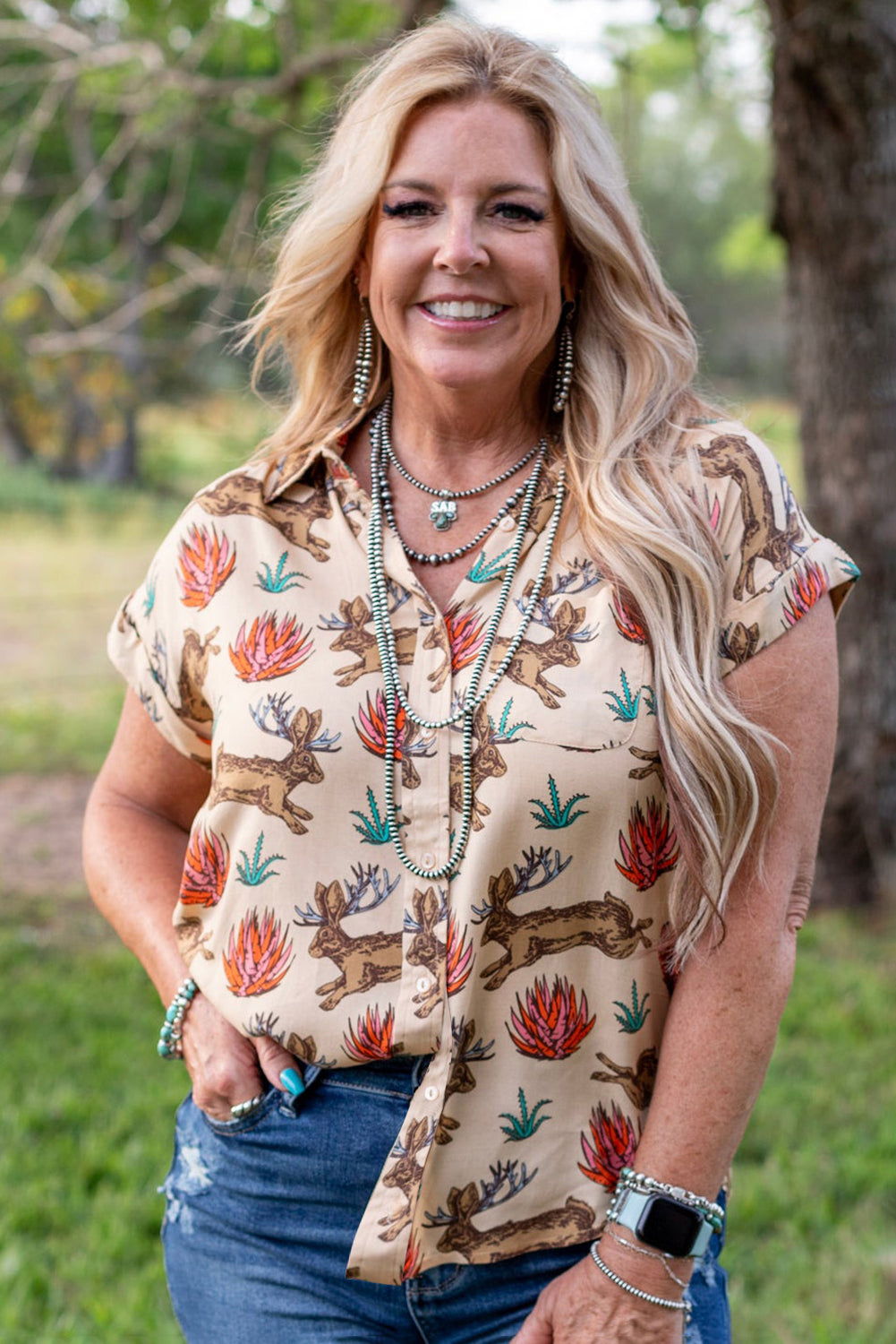 Khaki Plus Size Western Pattern Print Buttoned Short Sleeve Shirt Plus Size Blouses & Shirts JT's Designer Fashion