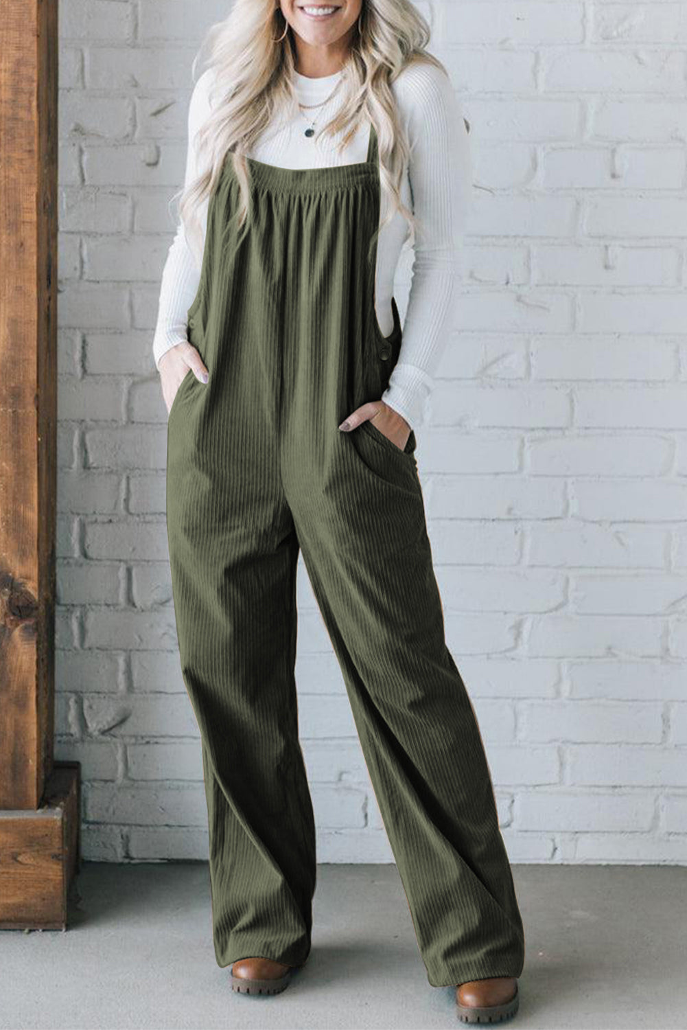 Jungle Green Solid Pocketed Loose Fit Corduroy Overall Jumpsuits & Rompers JT's Designer Fashion
