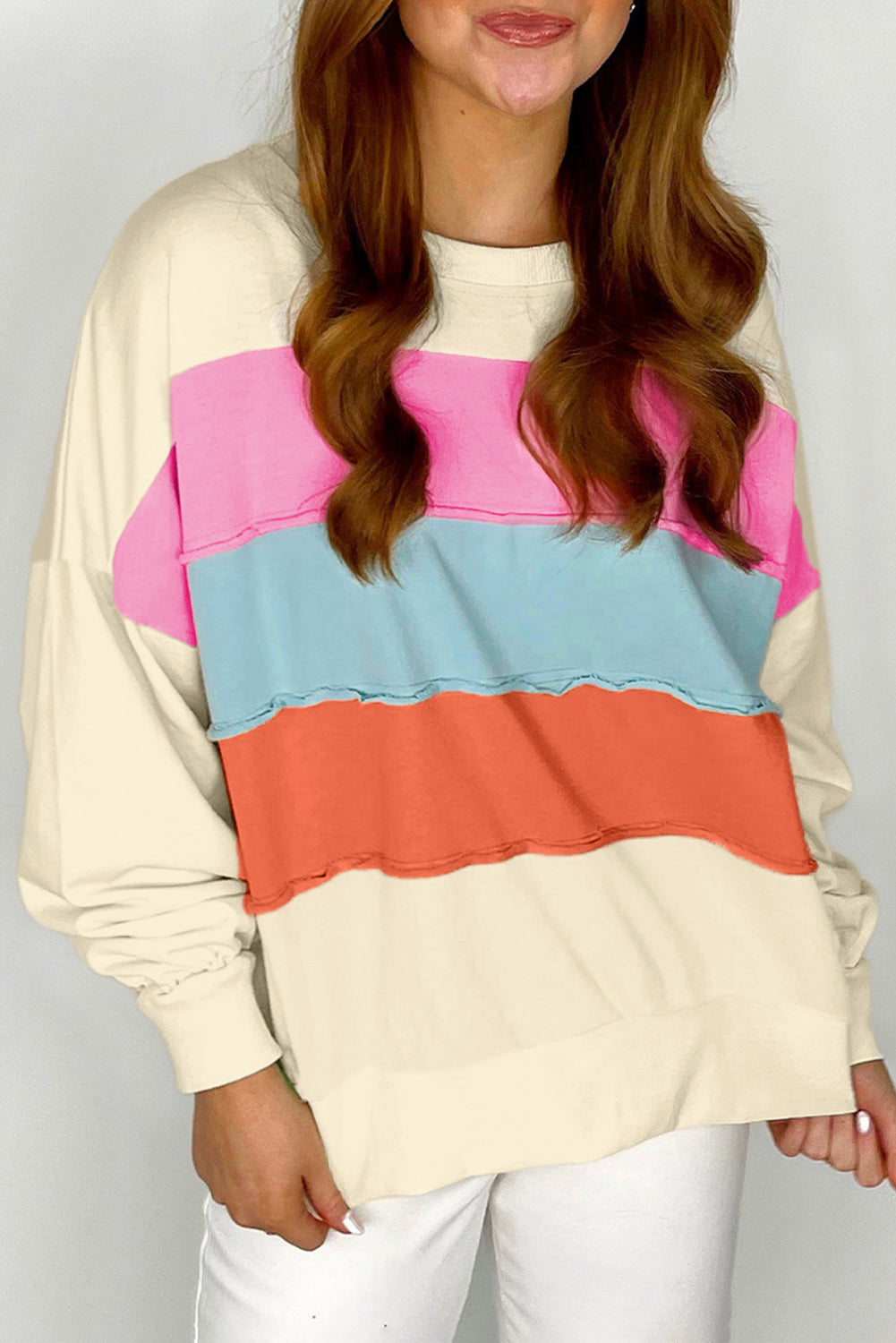 White Colorblock Patchwork Crewneck Drop Shoulder Sweatshirt Sweatshirts & Hoodies JT's Designer Fashion