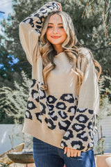 Khaki Leopard Patchwork Knitted Puff Sleeve Sweater Sweaters & Cardigans JT's Designer Fashion
