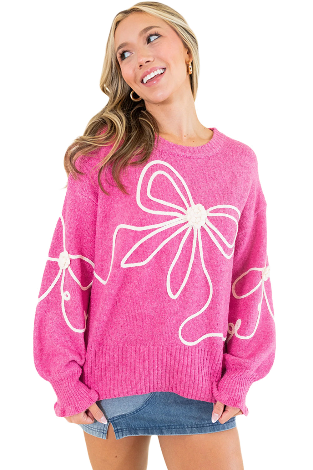 Bright Pink Corded Flower Bow Ribbed Trim Casual Sweater Sweaters JT's Designer Fashion
