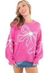 Bright Pink Corded Flower Bow Ribbed Trim Casual Sweater Sweaters JT's Designer Fashion