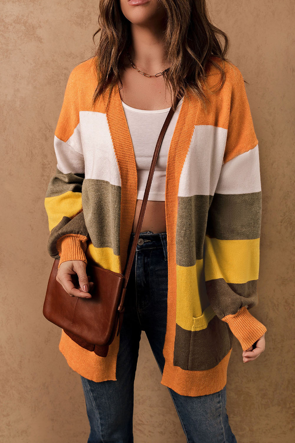 Open Front Pocketed Colorblock Cardigan Sweaters & Cardigans JT's Designer Fashion