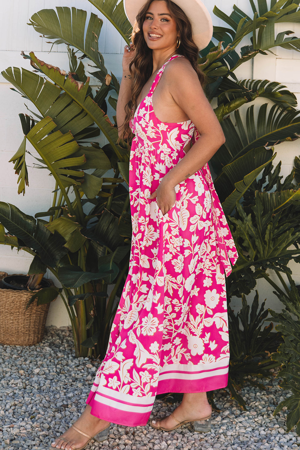 Rose Floral V Neck Crisscross Backless Long Dress Maxi Dresses JT's Designer Fashion