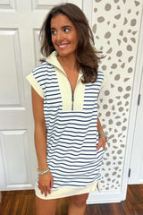 Blue Stripe Striped Quarter Zip Collared Cap Sleeve Mini Dress Dresses JT's Designer Fashion