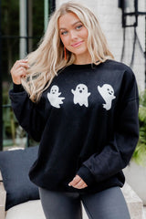 Black Halloween Ghosts Print Round Neck Sweatshirt Graphic Sweatshirts JT's Designer Fashion