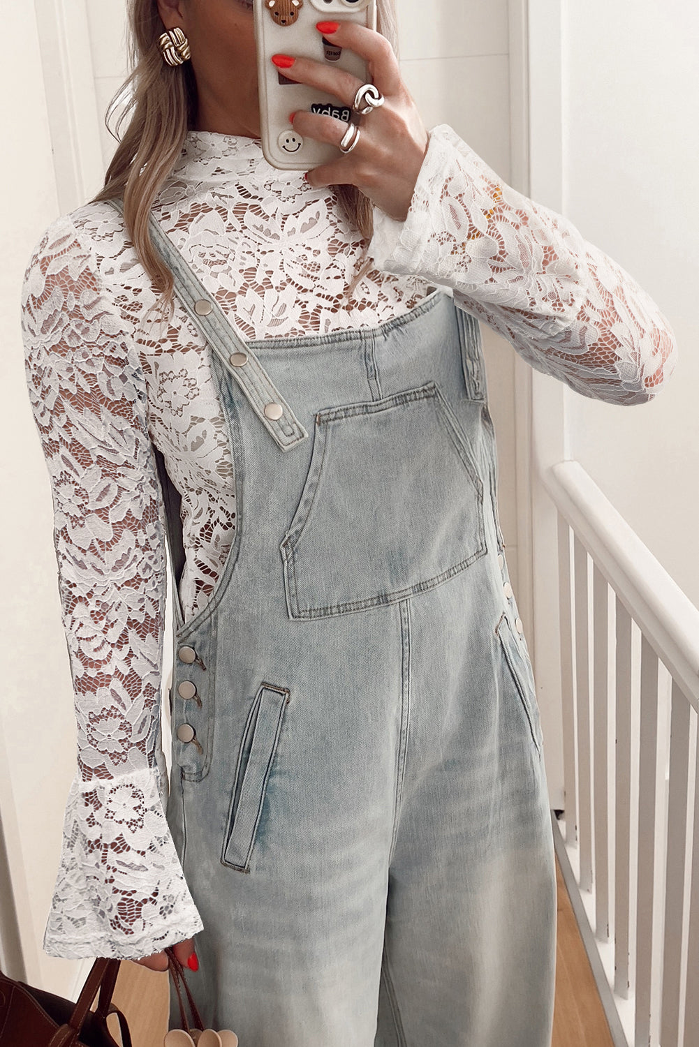 White Lace Crochet Bell Sleeve Mock Neck Blouse White 90%Polyamide+10%Elastane Blouses & Shirts JT's Designer Fashion