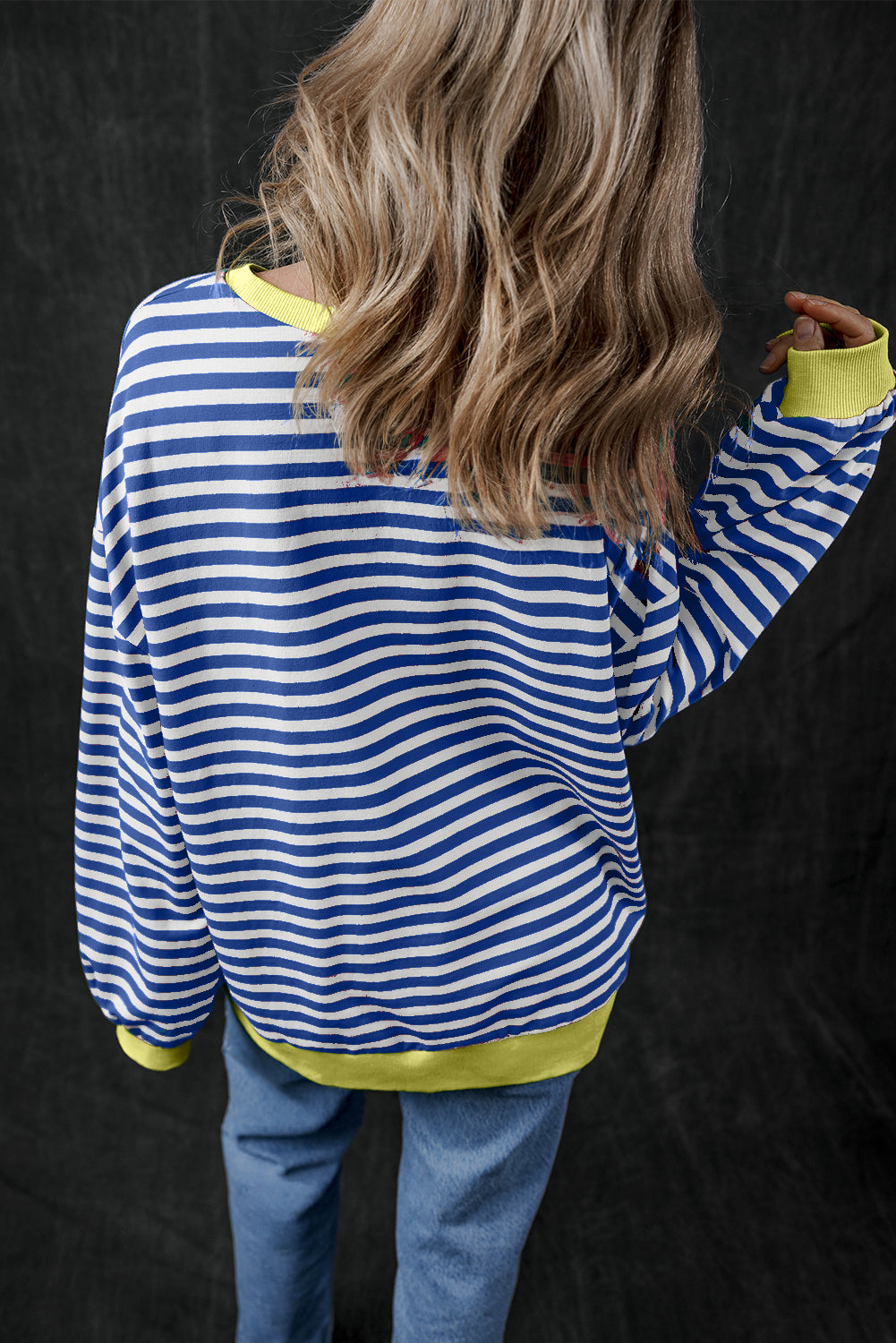 Blue Stripe Oversized Contrast Trim Pullover Sweatshirt Sweatshirts & Hoodies JT's Designer Fashion