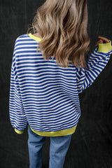 Blue Stripe Oversized Contrast Trim Pullover Sweatshirt Sweatshirts & Hoodies JT's Designer Fashion