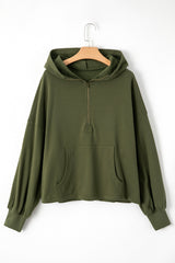Moss Green Fleece Lined Half Zipper Kangaroo Pockets Loose Hoodie Sweatshirts & Hoodies JT's Designer Fashion