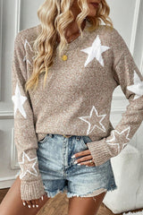 Khaki Star Pattern Drop Shoulder Sweater Sweaters JT's Designer Fashion