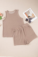 Smoke Gray Corded Sleeveless Top and Pocketed Shorts Set Short Sets JT's Designer Fashion