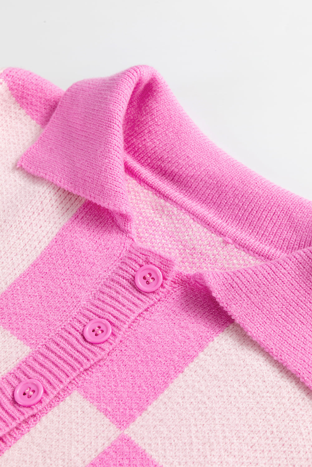 Pink Checkerboard Half Button Collared Drop Shoulder Sweater Sweaters JT's Designer Fashion