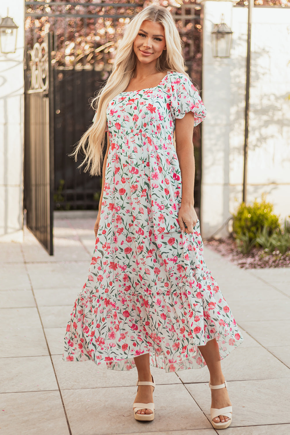 Pink Floral Puff Sleeve Square Neck Empire Waist Tiered Maxi Dress Floral Dresses JT's Designer Fashion