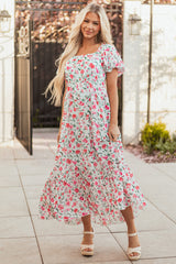 Pink Floral Puff Sleeve Square Neck Empire Waist Tiered Maxi Dress Floral Dresses JT's Designer Fashion