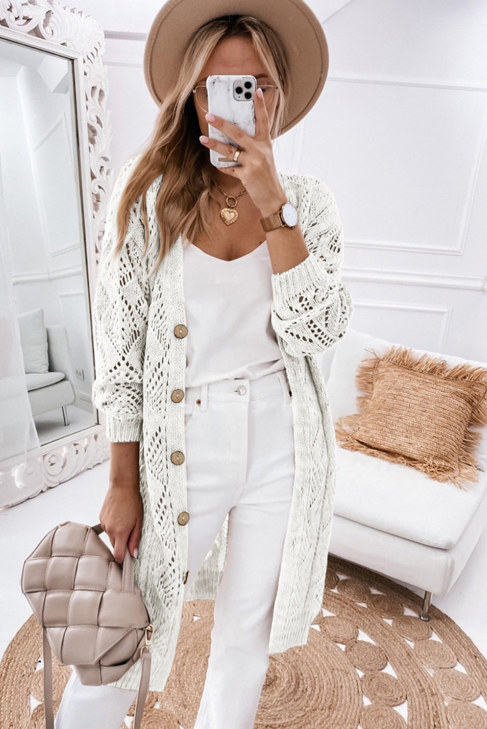 White Hollow-out Openwork Knit Cardigan Cardigans JT's Designer Fashion
