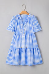 Sky Blue Gingham Short Sleeve Button Tie Split Neck Loose Mini Dress Mini Dresses JT's Designer Fashion
