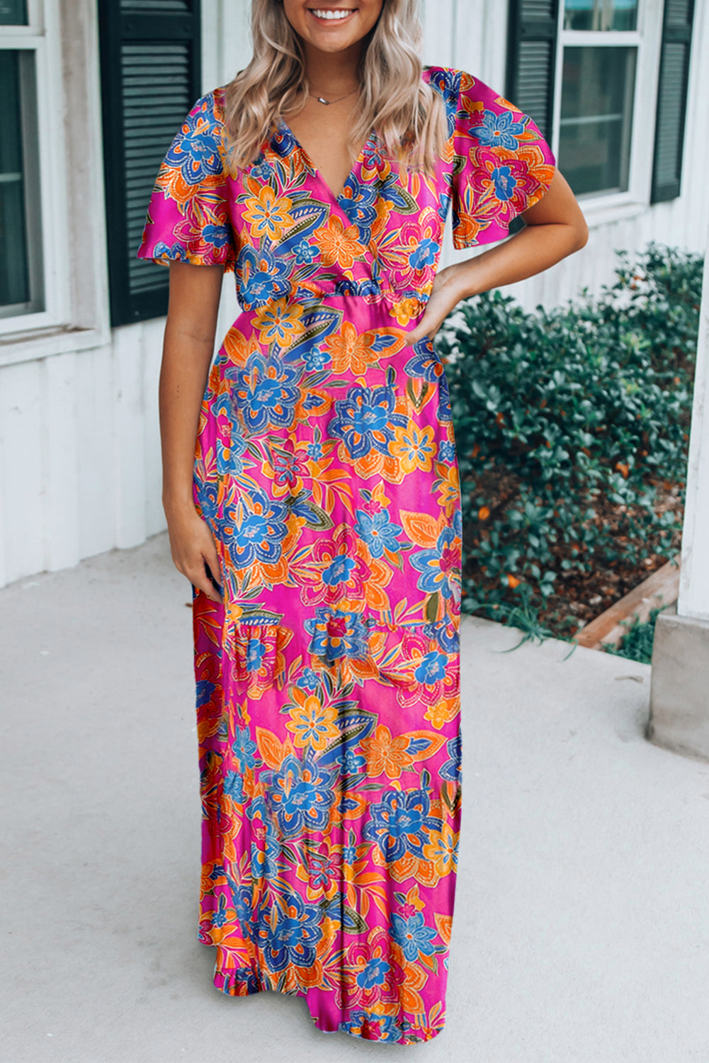 Rose Wrap V Neck Floral Maxi Dress Dresses JT's Designer Fashion