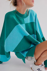Green Checkered Side Slits Drop Shoulder Oversized Sweater Sweaters JT's Designer Fashion