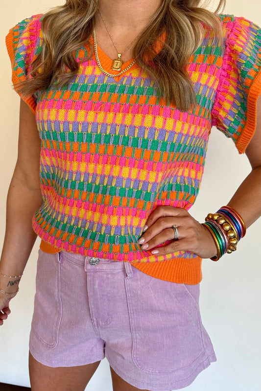 Orange Printed Cap Sleeve Ribbed Trim Sweater Orange Sweaters & Cardigans JT's Designer Fashion