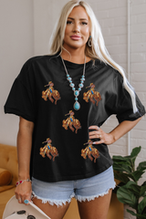 Black Western Horse Patched Crew Neck Graphic T Shirt Graphic Tees JT's Designer Fashion