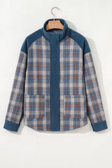 Gray Plaid Corduroy Patchwork Collared Zip Up Snap Button Jacket Plaid Shackets JT's Designer Fashion