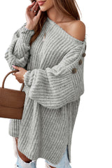 Gray Buttoned Drop Shoulder Oversized Sweater Sweaters & Cardigans JT's Designer Fashion