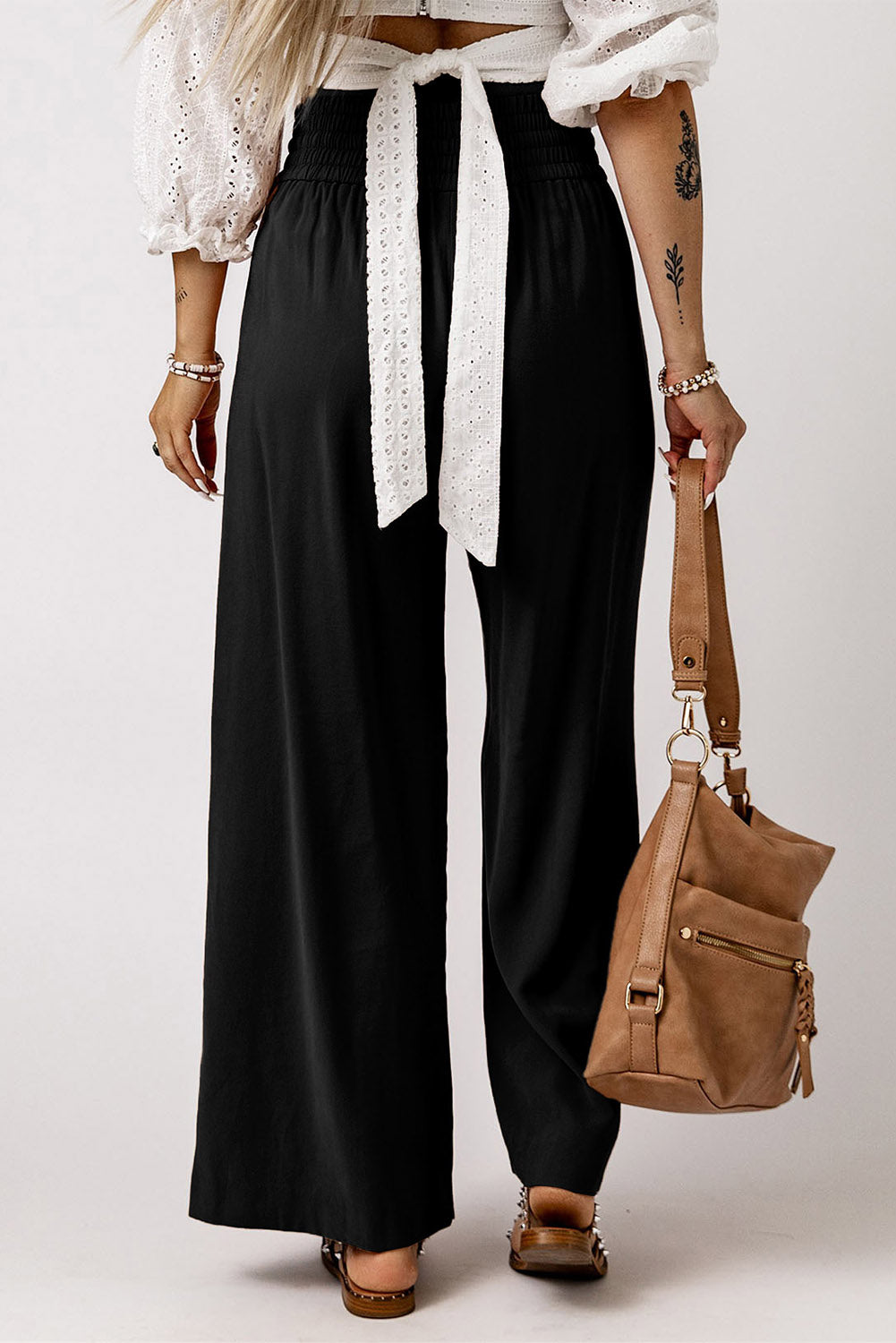 Black Drawstring Elastic Waist Casual Wide Leg Pants Pants & Culotte JT's Designer Fashion