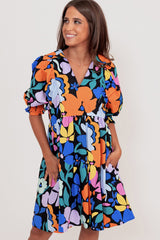 Blue Collared Split Neck Floral Flared Dress Floral Dresses JT's Designer Fashion