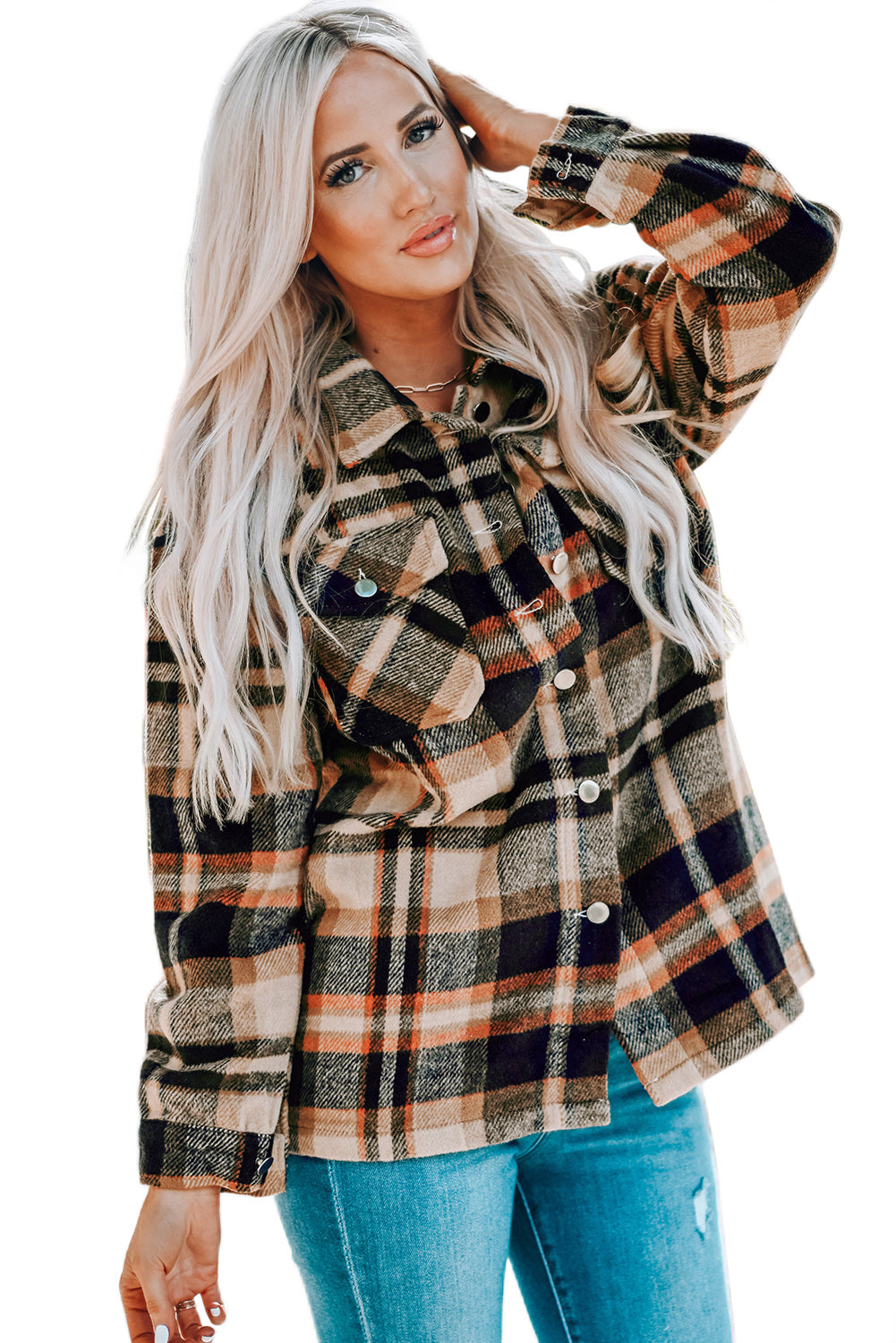 Orange Geometric Plaid Print Pocketed Shacket Plaid Shackets JT's Designer Fashion