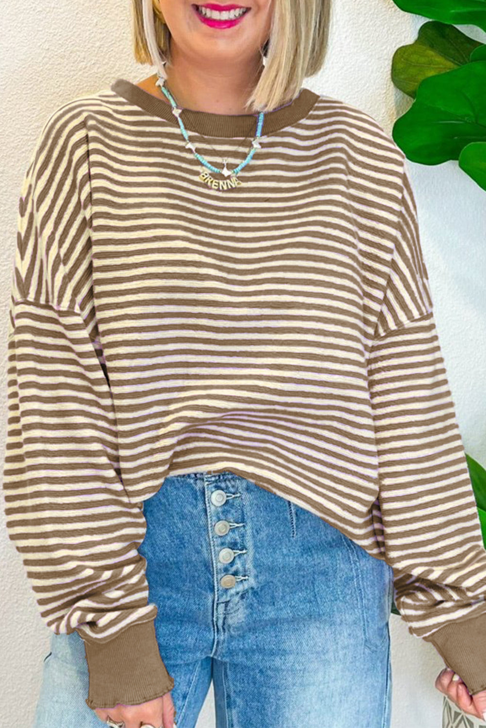Brown Stripe Loose Drop Shoulder Long Sleeve Top Long Sleeve Tops JT's Designer Fashion