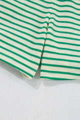 Green Stripe Textured Short Sleeve Collared Buttoned Waist Tie Romper Jumpsuits & Rompers JT's Designer Fashion