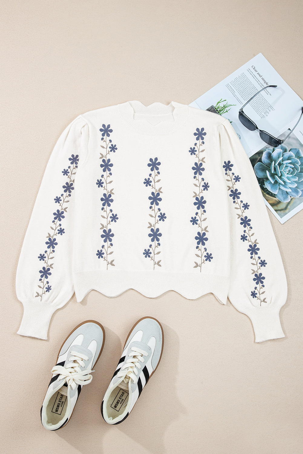 White Floral Embroidered Scallop Hem Cropped Sweater Sweaters JT's Designer Fashion
