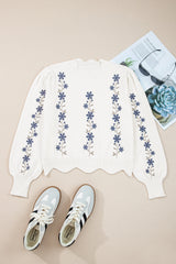 White Floral Embroidered Scallop Hem Cropped Sweater Sweaters JT's Designer Fashion