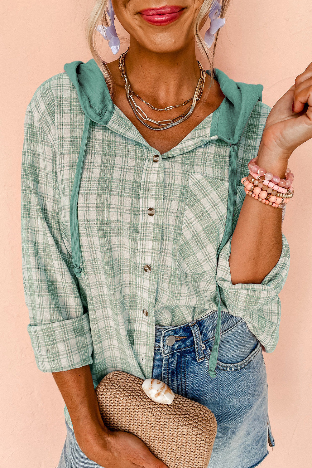 Green Checkered Print Loose Fit Buttoned Hooded Shacket Green 65%Polyester+35%Cotton Plaid Shackets JT's Designer Fashion