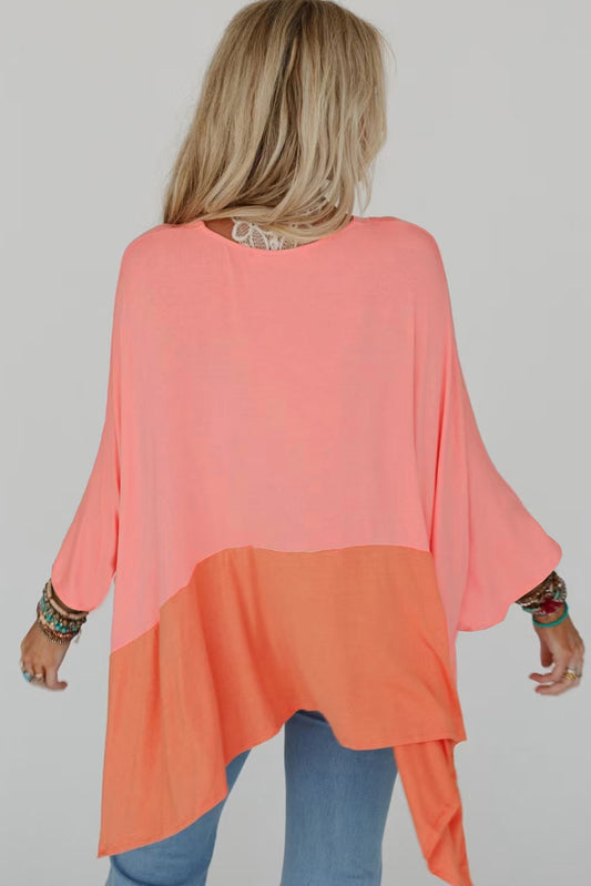 Grapefruit Orange Contrast Color Patchwork Oversized Side Split Top Long Sleeve Tops JT's Designer Fashion
