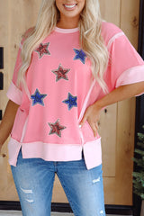 Peach Blossom Independence Day Sequin Star Graphic Contrast Patchwork Tee Graphic Tees JT's Designer Fashion