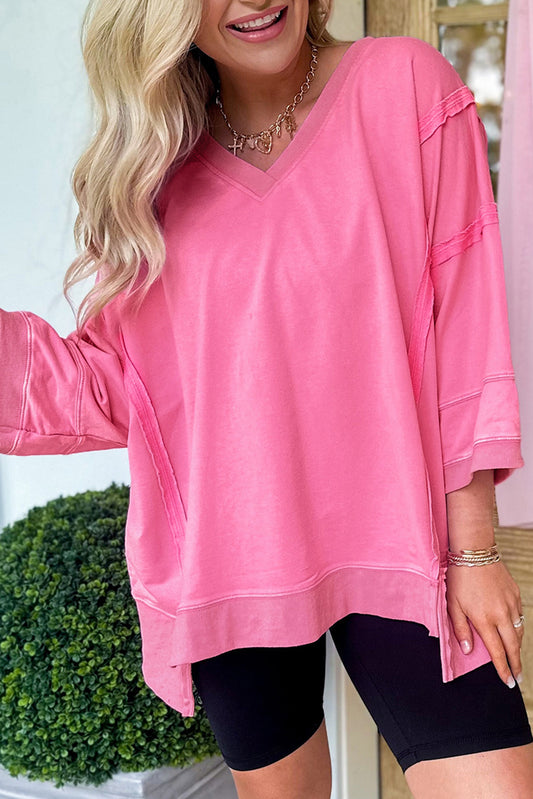 Bonbon Bracelet Sleeve Mineral Washed V Neck T Shirt Long Sleeve Tops JT's Designer Fashion
