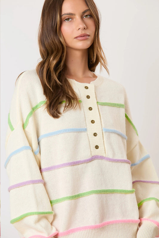 White Rainbow Stripes Drop Shoulder Baggy Henley Sweater Sweaters JT's Designer Fashion