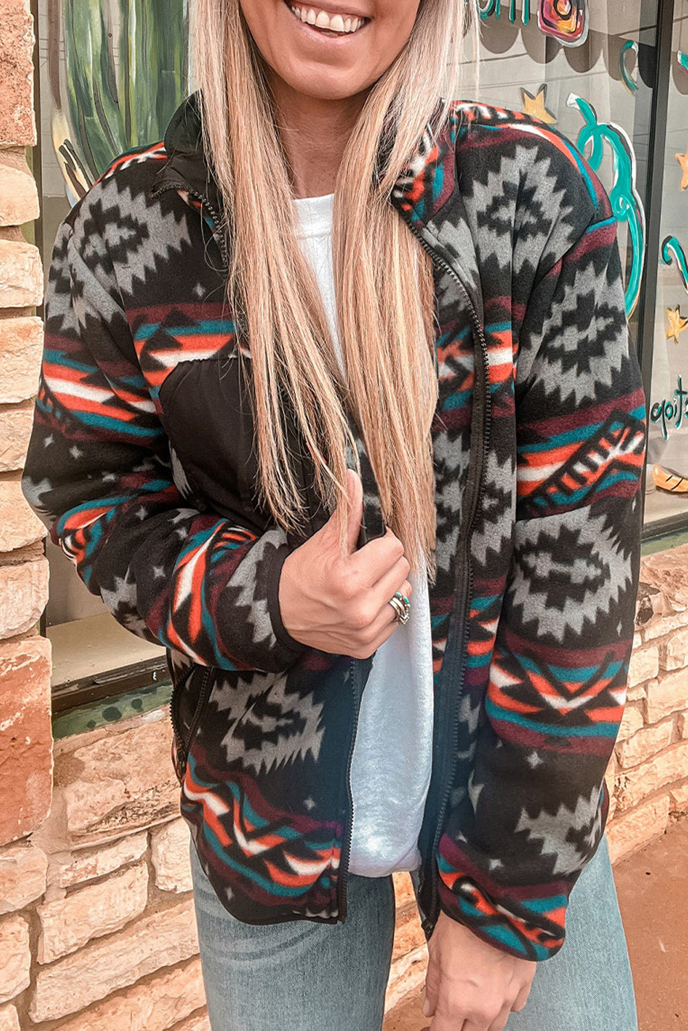 Black Aztec Printed Zip Up Collar Jacket Black 100%Polyester Jackets JT's Designer Fashion