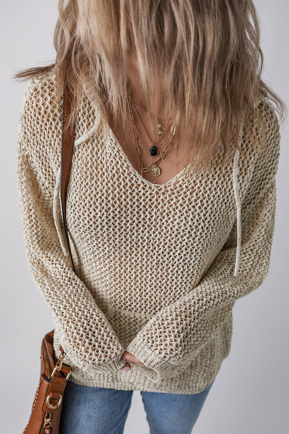 Jet Stream Hollow-out Kangaroo Pocket V Neck Hooded Sweater Sweaters JT's Designer Fashion