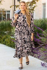 Black Plus Size Floral Printed Puff Sleeve Collared Maxi Dress Plus Size Maxi Dresses JT's Designer Fashion