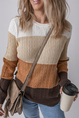 Khaki Colorblock Cable Knit Round Neck Sweater Sweaters JT's Designer Fashion