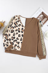 Brown Leopard Splicing Waffle Knit V Neck Top Long Sleeve Tops JT's Designer Fashion