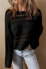Black Hollow-out Cable Knit Cropped Sweater Sweaters JT's Designer Fashion