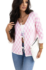 Light Pink Checkered Knitted Lace-up Ruffled 3/4 Sleeve Cardigan Cardigans JT's Designer Fashion