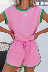 Pink Contrast Trim Cable Textured Shorts Set Short Sets JT's Designer Fashion