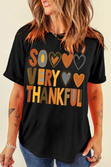 Black So Very Thankful Heart Printed Crewneck Thanksgiving T Shirt Graphic Tees JT's Designer Fashion